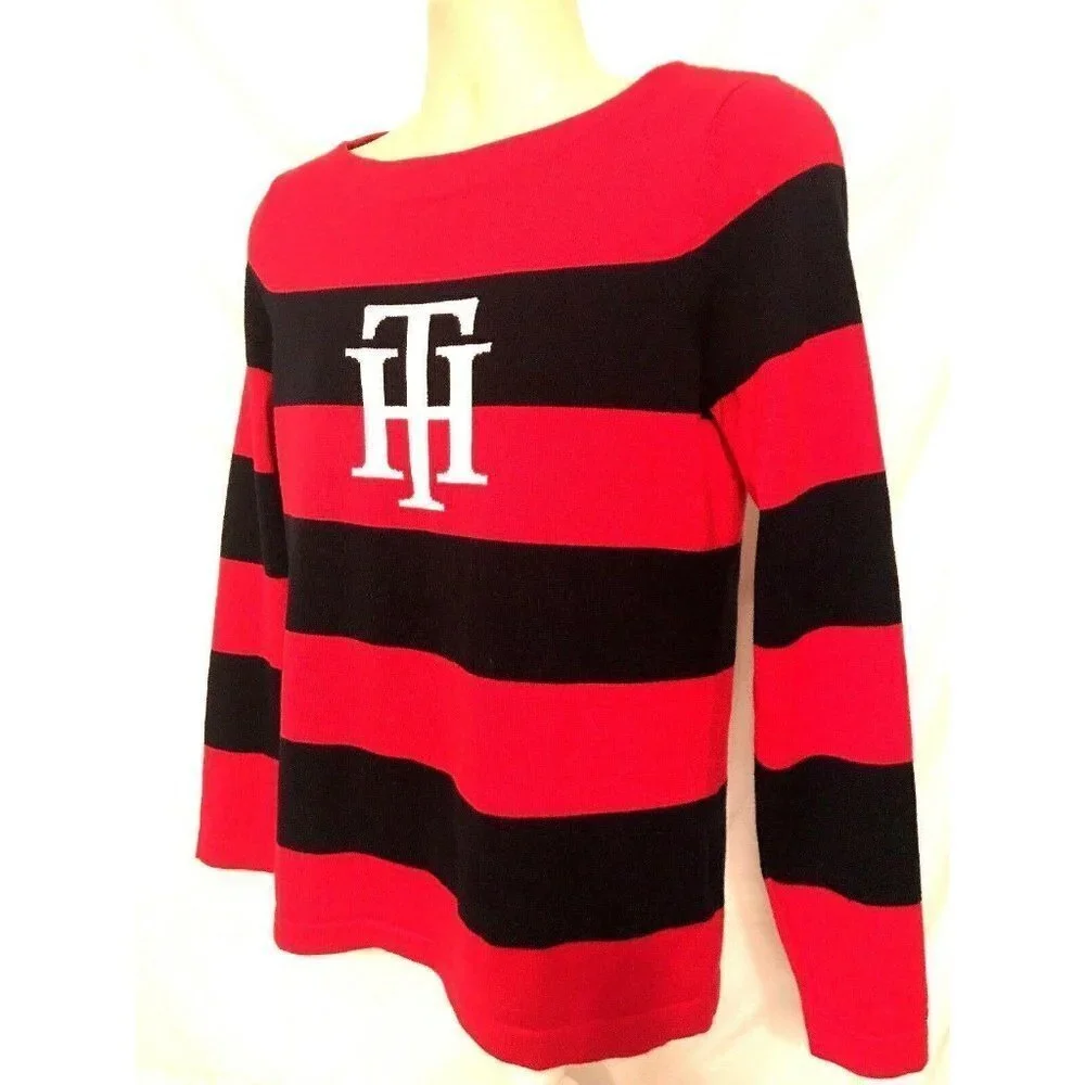 Tommy Hilfiger TH Red Blue Striped Fitted Pullover Sweater Medium Stretch Logo